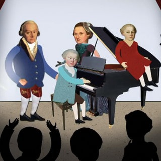 Zeichnung des Musikers Wolfgang Amadeus Mozart als Kind bei einem Klavier-Konzert im Kreise seiner Familie