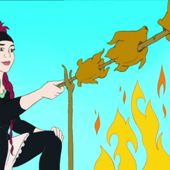 Trickfilm: Mona Monete grillt am offenen Feuer. (Foto: SWR – Screenshot aus der Sendung)