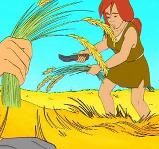 Bild aus Trickfilm: Steinzeitliche Getreideernte