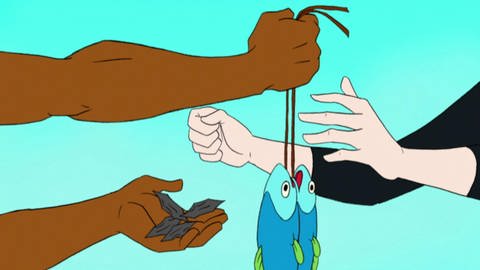 Trickfilm: Fisch wird mit Steinen bezahlt. (Foto: SWR – Screenshot aus der Sendung)