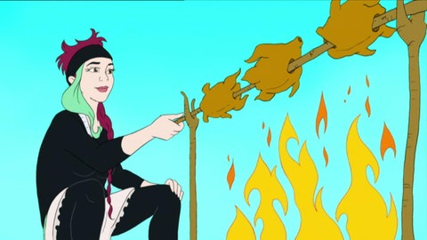 Trickfilm: Mona Monete grillt am offenen Feuer.