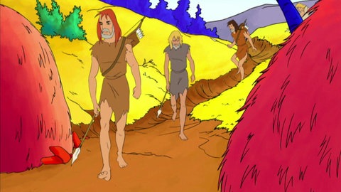 Trickfilmszene: Steinzeit-Jäger gehen ins Dorf.