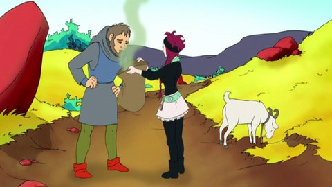 Trickfilm: Mona tauscht ihre Ware mit einem Mann.