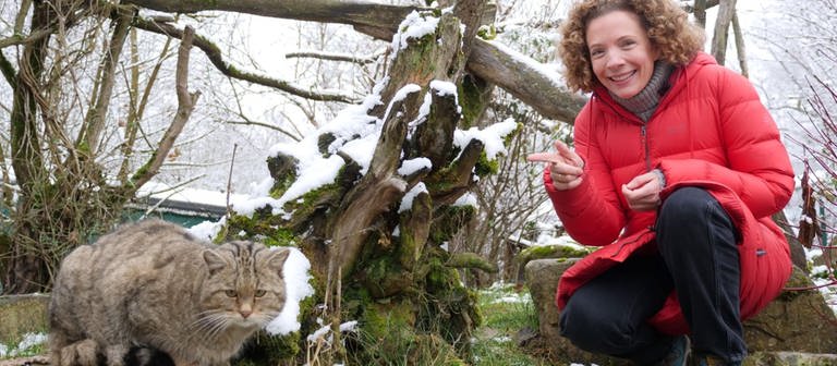 neuneinhalb-Reporterin Gesa hockt in einem Gehege im Wildkatzendorf im thüringischen Hütscheroda. Sie zeigt auf eine Wildkatze, die neben ihr sitzt. (Foto: WDR, tvision)