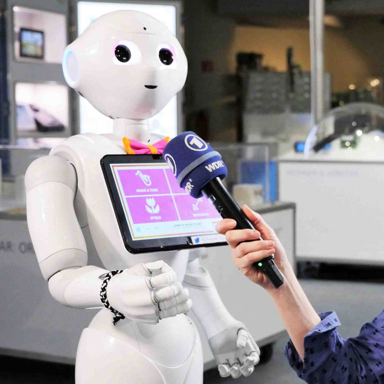 neuneinhalb-Reporterin Malin hält dem humanoiden Roboter 'Pepper' ihr Mikro hin.