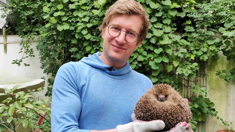 neuneinhalb-Reporter Robert steht in einem Hinterhof. In den Händen hält er einen großen, eingekugelten Igel.