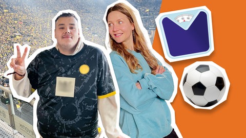 Jana steht neben TikTok-Star Amin. Neben ihnen sind ein Fußball und eine Waage eingeblendet.