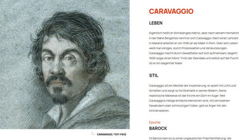 Screenshot: Selbstbildnis und Text Caravaggio. (Foto: SWR – Screenshot aus Webspecial)