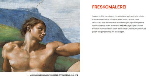 Screenshot von Michelangelo Buonarottis « Die ERschaffung Adams » und Text Freskomalerei.