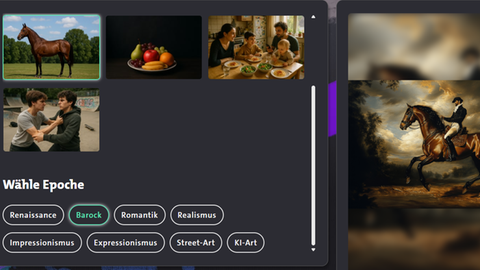 Screenshot aus dem Lernspiel Timebrush - Kunst trifft KI: Links stehen Bilder und Epochen zur Auswahl, rechts das KI generierte Bild von einem Pferd mit Reiter. 