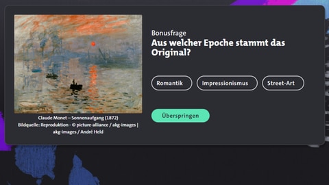 Screenshot aus dem Lernspiel Timebrush - Kunst trifft KI: Links das Gemälde "Sonnenaufgang" von Monet. Rechts die Frage, aus welcher Epoche das Original stammt - Romantik, Impressionismus oder Street-Art?
