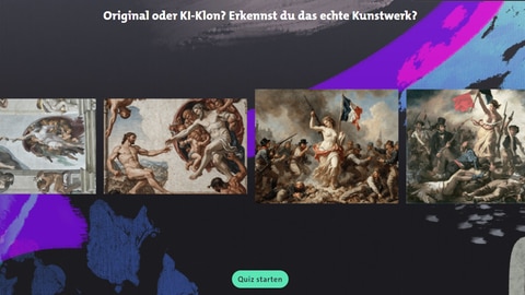 Screenshot aus dem Lernspiel Timebrush - Kunst trifft KI: Vier Gemälde sind zu sehen, zwei immer sehr ähnlich. Darüber die Frage "Erkennst du das echt Kunstwerk?"