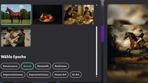 Screenshot aus dem Lernspiel Timebrush - Kunst trifft KI: Links stehen Bilder und Epochen zur Auswahl, rechts das KI generierte Bild von einem Pferd mit Reiter. 