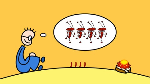 TOM sitzt am Boden und vor ihm ein paar Ameisen und ein Erdbeermarmeladebrot mit Honig / Rechenstunde 7 „Ameisenrechnen“