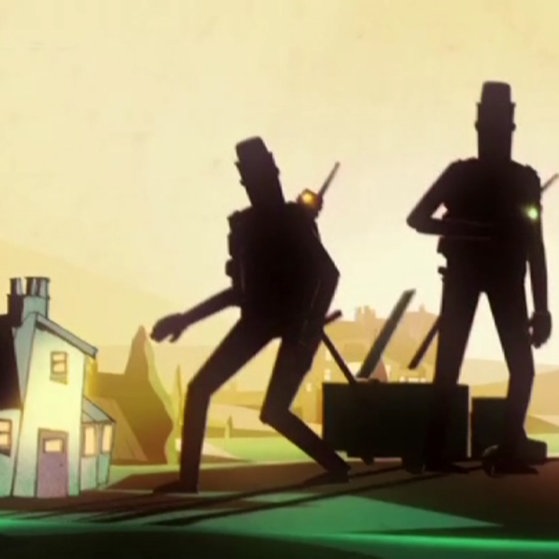 Haus mit überdimensional großen bewaffneten Männern davor.