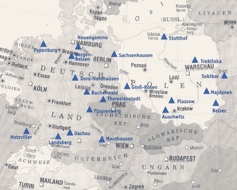 Eine Karte Zentraleuropas, in der die Standorte der Konzentrationslager eingezeichnet sind. (Foto: SWR)