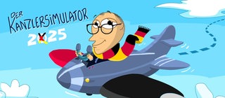Lernspiel Kanzler:innen-Simulator, Kanzler Merz sitzt in einem Flugzeug