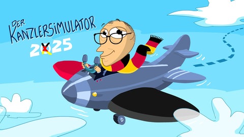 Lernspiel Kanzler:innen-Simulator, Kanzler Merz sitzt in einem Flugzeug