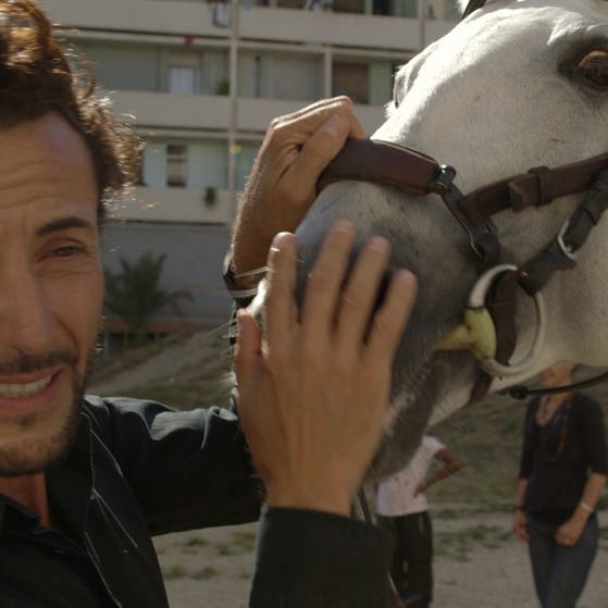 Ein Mann (links) streichelt ein Pferd (rechts). (Foto: SWR - Screenshot aus der Sendung)