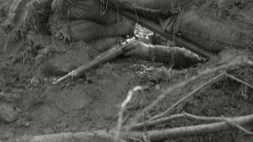Durch Schießscharte im Schützengraben gerichteter Gewehrlauf (Foto: SWR – Screenshot aus der Sendung)