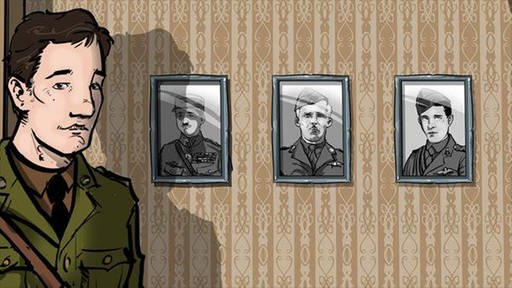 Ein Mann in Uniform steht vor einer Wand, an der drei schwarz-weiß Porträts hängen (Foto: Submarine / NTR / SWR)