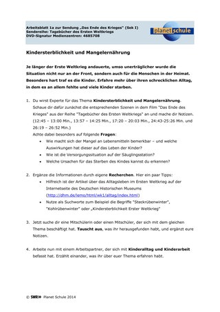 Arbeitsblatt 1a: Kindersterblichkeit und Mangelernährung