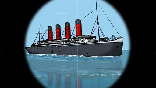 Zeichnung eines Schiffes beim Blick durch ein Fernrohr.