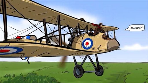 Animation eines fliegenden Flugzeugs, der Pilot beugt sich vor und fragt "Albert?"