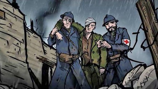 Zeichnung von zwei Sanitätern, die einen verletzten Mann aus Trümmern tragen.