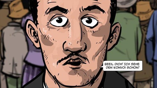 Zeichnung eines Mannes, der sagt "Beeil dich! Ich sehe den Konvoi schon!"