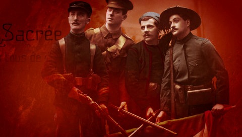 Schriftzug Union Sacrée; Männer mit Waffen