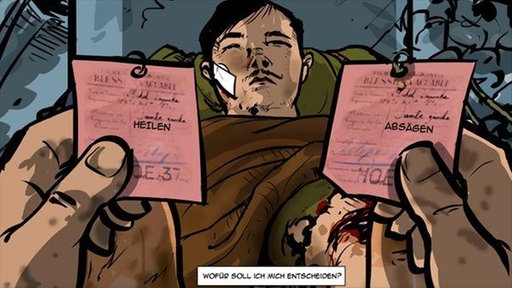 Ein verwundeter Soldat liegt im Lazaret. Zwei Hände halten Notizen mit den Möglichkeiten "Heilen" (links) und "Absägen" (rechts) hoch.