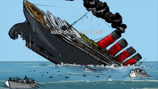 Ein großes Dampfschiff geht unter, im Wasser sind Menschen und Rettungsboote, eingeblendet steht "Was soll ich tun?"
