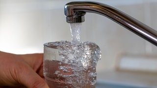 Wasser läuft aus einem Wasserhahn in ein Glas