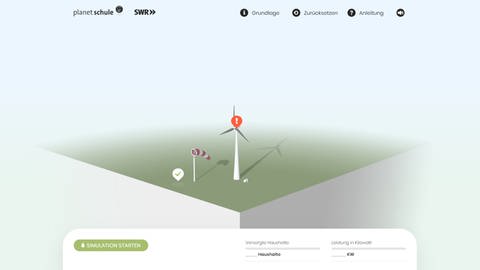 In der Simulation zu erneuerbaren Energien lassen sich Parameter einer Windkraftanlage einstellen, zum Beispiel die Windgeschwindigkeit, die Turmhöhe und die Stellung der Rotorblätter. (Foto: SWR / Screenshot aus Simulation)