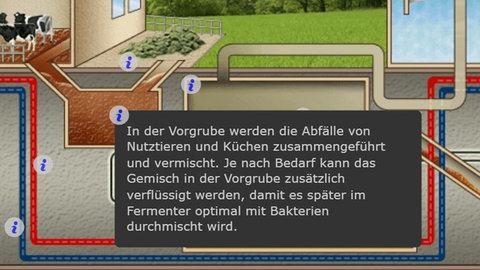 In der Animation zur Biogasanlage lassen sich über Informationssymbole, die mit einem i gekennzeichnet sind, weitere Informationen zu den Bestandteilen der Anlage aufrufen. Im Bild ist beispielhaft ein Textfeld mit Informationen über die Vorgrube zu sehen, in der die verschiedenen Abfälle vermischt und je nach Bedarf verflüssigt werden. (Foto: Screenshot aus Animation)