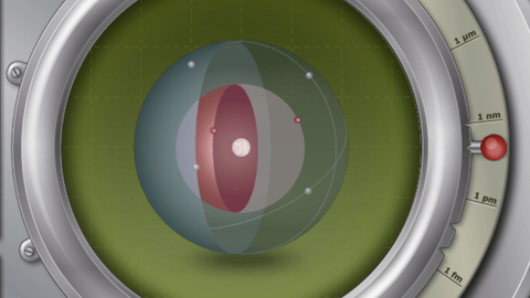 Die Simulation zeigt das Modell eines Atoms. Dieses besteht aus einem Atomkern und Elektronen, die eine kugelförmige Hülle um den Kern bilden.