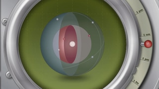 Die Simulation zeigt das Modell eines Atoms. Dieses besteht aus einem Atomkern und Elektronen, die eine kugelförmige Hülle um den Kern bilden.