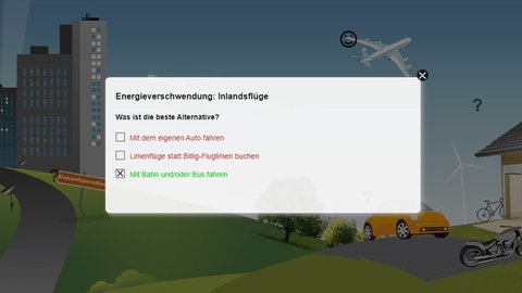 Im Lernspiel zum Energie sparen werden zu jedem dargestellten Aspekt des täglichen Lebens Fragen gestellt. Im Fragefeld stehen drei Möglichkeiten zur Auswahl, es muss jeweils die nachhaltigste Alternative ausgewählt werden, um die volle Punktzahl zu errreichen.