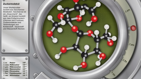 Die Simualation zeigt die Struktur von Zuckermolekülen. Schwarze Kugeln symbolisieren Kohlenstoff-Atome, Sauerstoff-Atome werden durch rote Kugeln dargestellt und Wasserstoff-Atome durch weiße.
