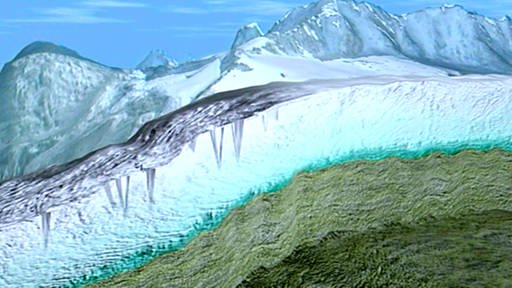Der Querschnitt durch einen Gletscher zeigt Struktur und Bewegung. (Foto: SWR – Screenshot aus der Sendung)