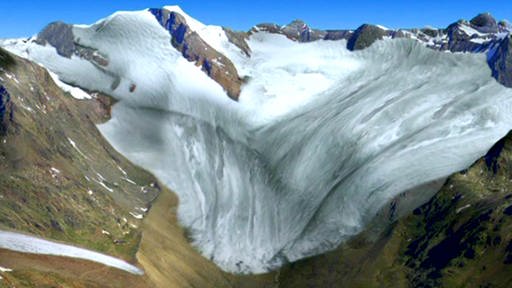 Trickaufnahme eines großen Gletschers auf einem Berggipfel. (Foto: SWR – Screenshot aus der Sendung)