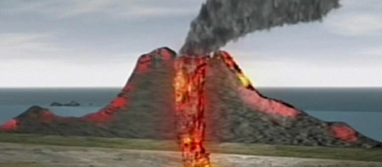 Animation des Querschnitts eines Vulkans beim Ausbruch. (Foto: SWR – Screenshot aus der Sendung)