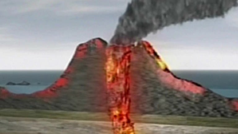Animation des Querschnitts eines Vulkans beim Ausbruch. (Foto: SWR – Screenshot aus der Sendung)