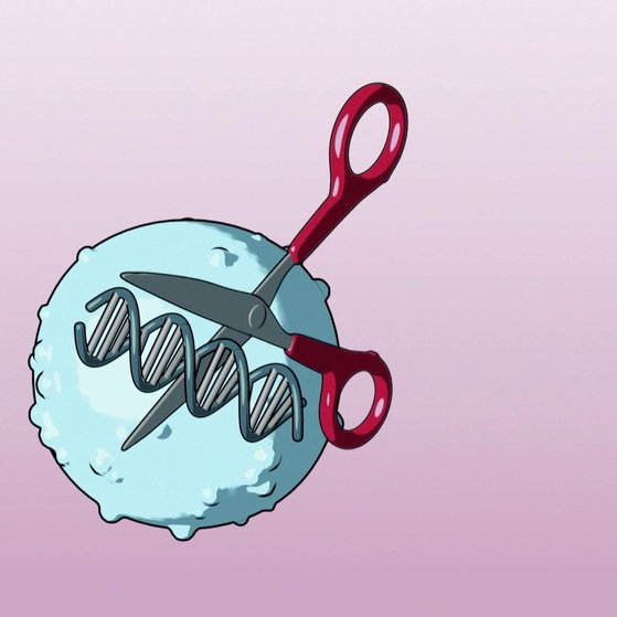 Animation: Schere an DNA-Strang in einer Zelle.