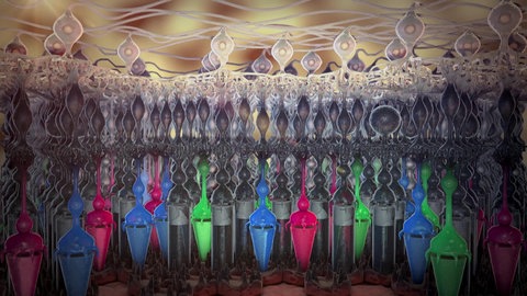 Animation: Netzhaut mit farbig gekennzeichneten Stäbchen und Zapfen.