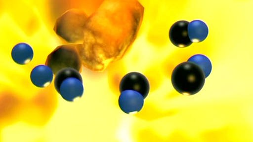 3D-Animation zum Vorgang im Rennofen: Sauerstoffmoleküle (blau) neben Kohlenstoffteilchen (grau). (Foto: SWR/WDR)