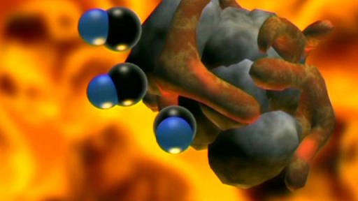 3D-Animation: Sauerstoffmoleküle (blau) und Kohlenstoffteilchen (grau) setzen sich an das Eisenerz (grau). (Foto: SWR/WDR)