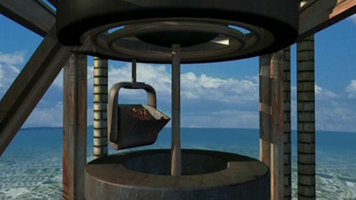 3D-Animation: Spitze eines Hochofens wird der Ofen mittels einer Schütte mit Eisenerz und Koks eingefüllt.