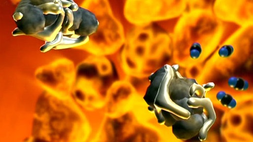 3D-Animation: Kohlendioxidteilchen entfernen sich von Eisen und Schlacke, die noch fest verbunden sind.